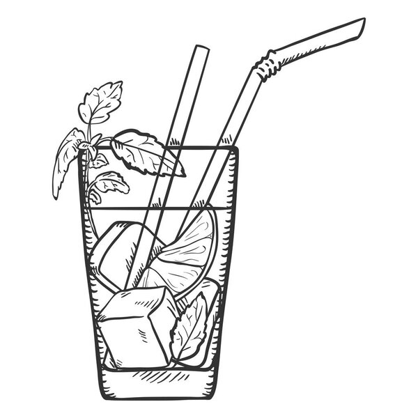 Vector Sketch Illustration - Glass of Mojito with Straws, Ice, Lime and Mint