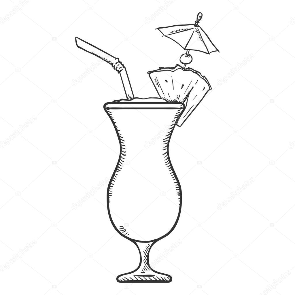 Vector Sketch Illustration - Glass of Pina Colada with Drinking Straw, Cocktail Umbrella and Pineapple