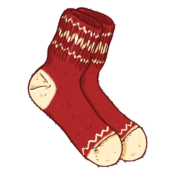 Rote Wollsocken Mit Weißem Ornament Vektor Cartoon Illustration — Stockvektor