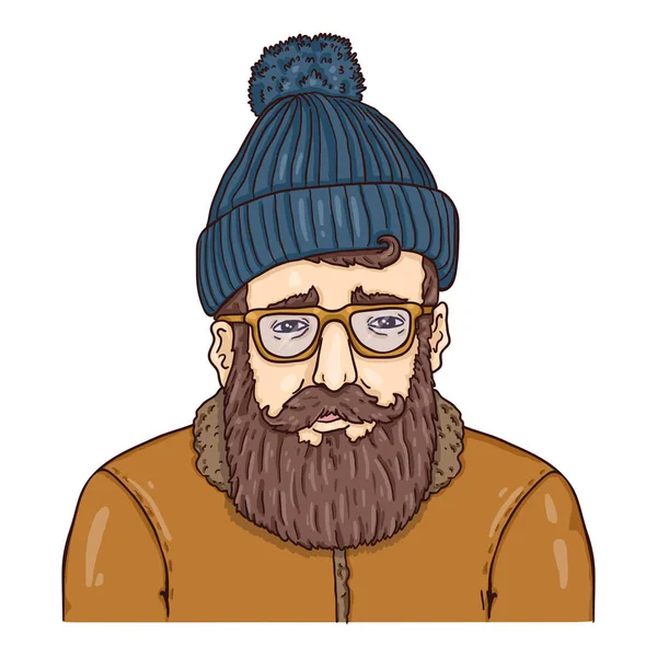 Hipster personagem em chapéu de lã, óculos e casaco de inverno . — Vetor de Stock