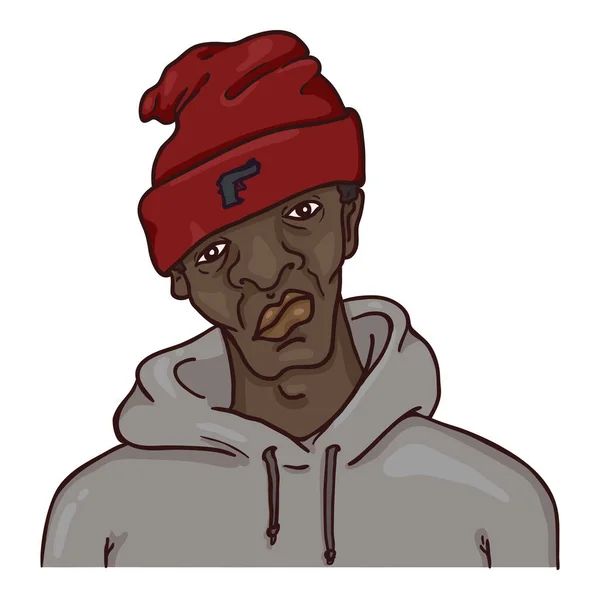 Vektor Cartoon Avatar - afroamerikanischer Mann mit Hut und Kapuzenpullover. männliches Charakterporträt. — Stockvektor