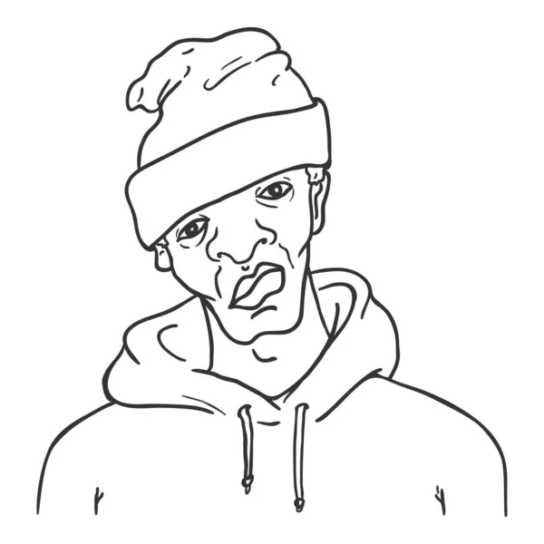 Vector Outline Avatar - Afro American Man in Hat and Hoodie (en inglés). Retrato de carácter masculino . — Vector de stock