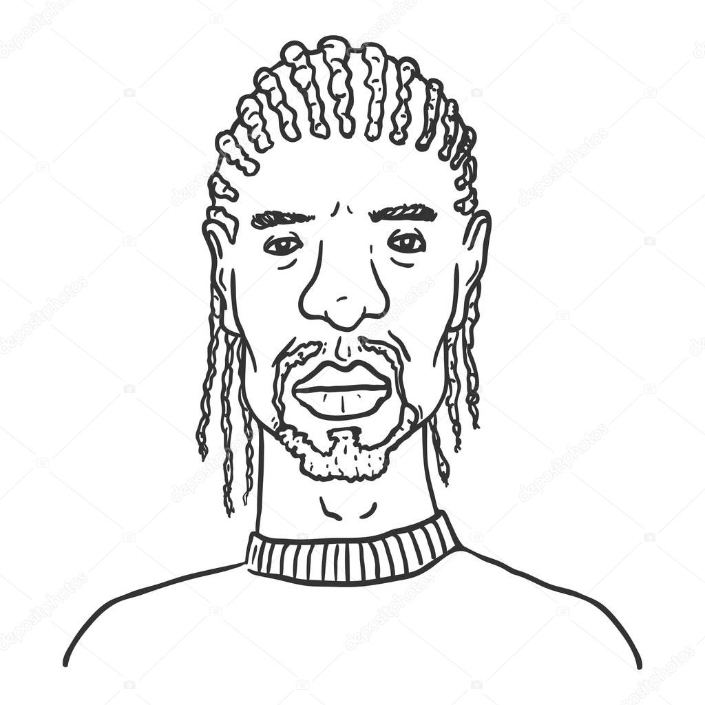 Vector Outline Avatar - African American Man with Afro Braids. Male Character Portrait.