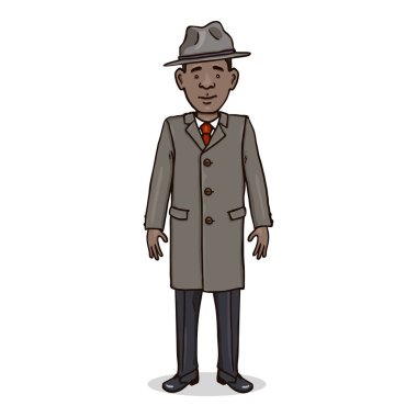 Vektör Çizgi Film Karakteri - Paltolu ve Şapkalı Genç Afro Amerikalı Adam