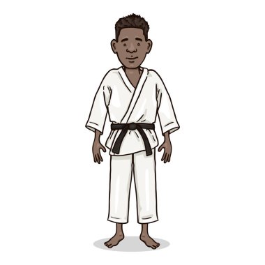 Vektör Karikatür Karakteri - Karate Kimonolu Genç Afroamerikan Adam