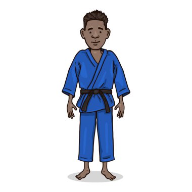 Vektör Karikatür Karakteri - Judo Kimonolu Genç Afroamerikan Adam