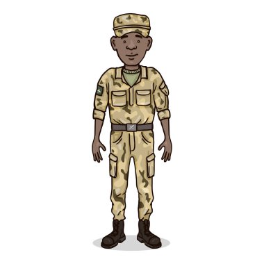 Vektör Çizgi Filmi Askeri Üniformalı Afroamerikalı Genç Adam.