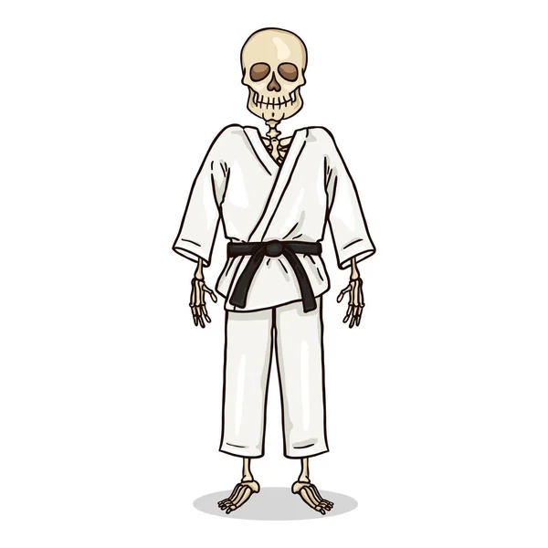 Esqueleto de dibujos animados vectorial en Karate blanco Kimono — Vector de stock