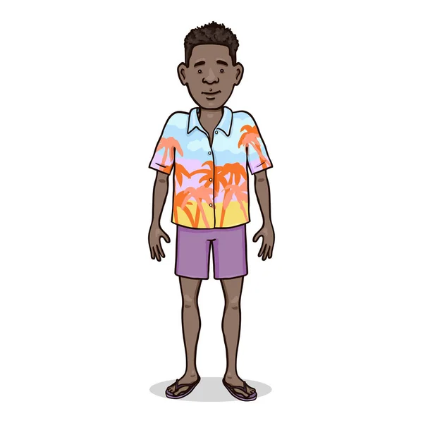 Vector stripfiguur - Jonge Afroamerikaanse Man in Hawaïaanse Overhemd, shorts en slipers — Stockvector