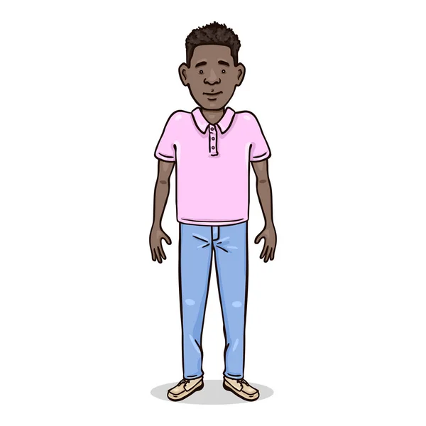 Vector Cartoon Color Character - Young Afroamerican Man in Jeans and Pink Shirt. — 스톡 벡터