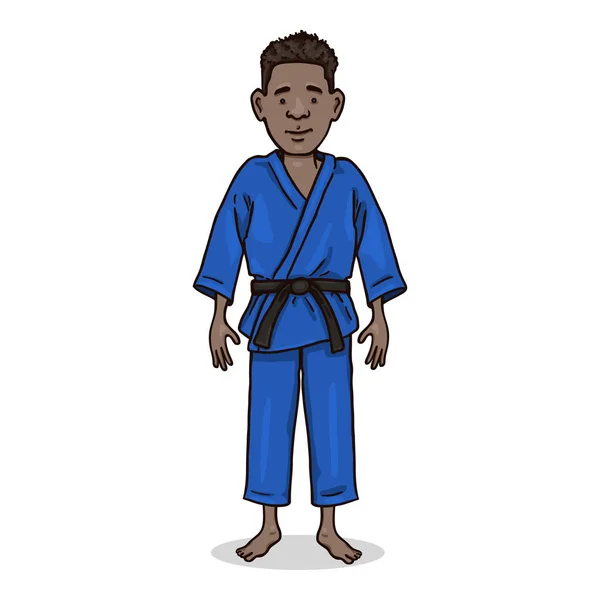 Vettoriale personaggio dei cartoni animati - Giovane uomo afroamericano in Judo Kimono — Vettoriale Stock