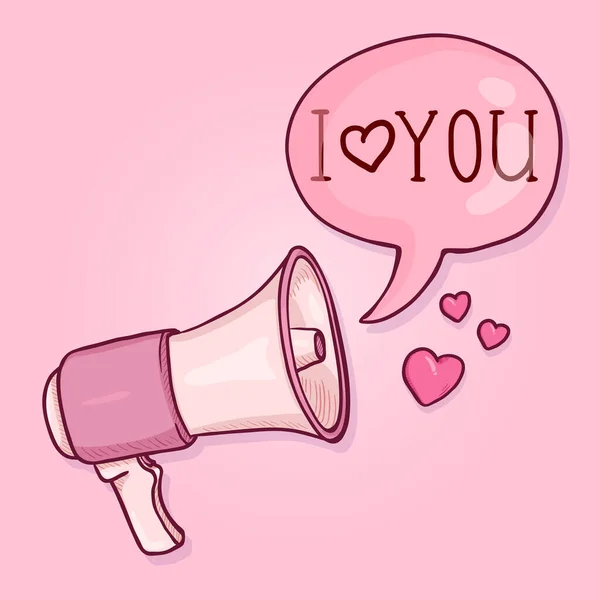 Karykatura Wektorowa Walentynki Pocztówka Pink Loudspeaker Bańką Tekstową Kocham Cię — Wektor stockowy