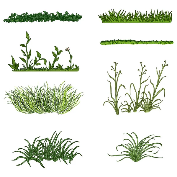 Conjunto de vetores de silhuetas de grama verde dos desenhos animados no fundo branco . — Vetor de Stock