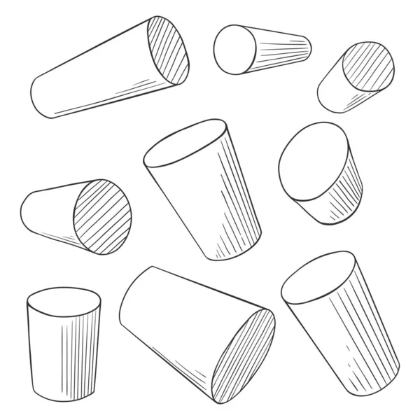 Schets cilinders. Penciling Outline Perspectief Geometrie Tekenen — Stockvector