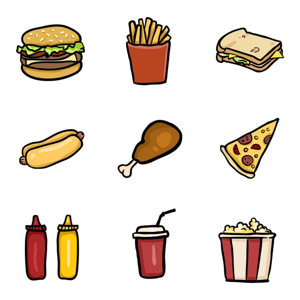 Conjunto vectorial de iconos de comida rápida Doodle . — Archivo Imágenes Vectoriales