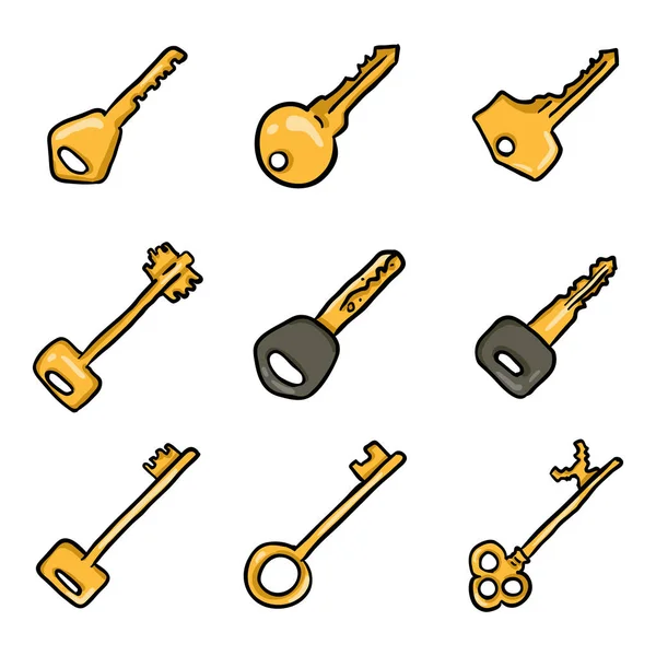 Set vettoriale di icone di chiavi Doodle a colori . — Vettoriale Stock