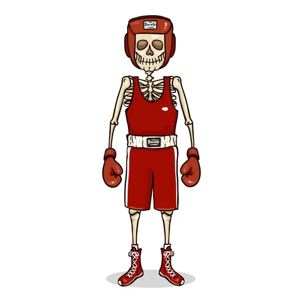 Vektör Karikatür Karakteri Kırmızı Boks Ekipmanında Skelet — Stok Vektör