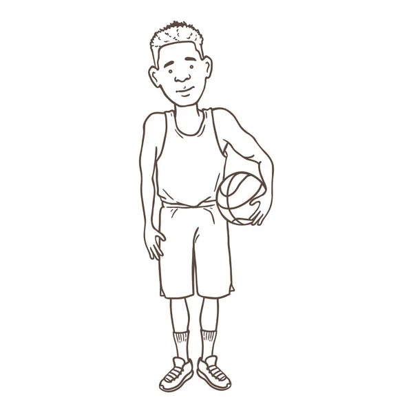 ベクトル概要キャラクター ボール付きバスケットボールユニフォームの若者 — ストックベクタ