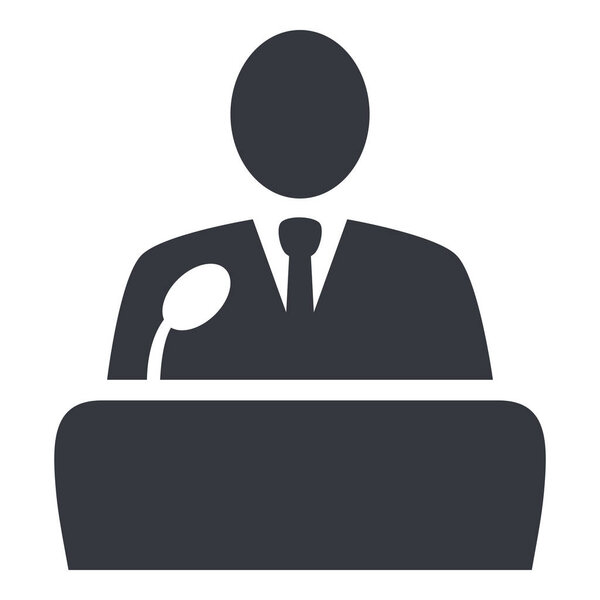 Vector Black Politician Icon - Man in Suit in front of Microphone. Debate Symbol.
