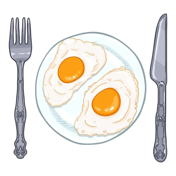 Vector Dibujos Animados Sunnyside Huevos Placa Con Tenedor Cuchillo Desayuno — Archivo Imágenes Vectoriales