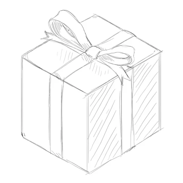 Vector Hand Drawn Sketch Gift Box Dengan Ribbon Dan Bow - Stok Vektor