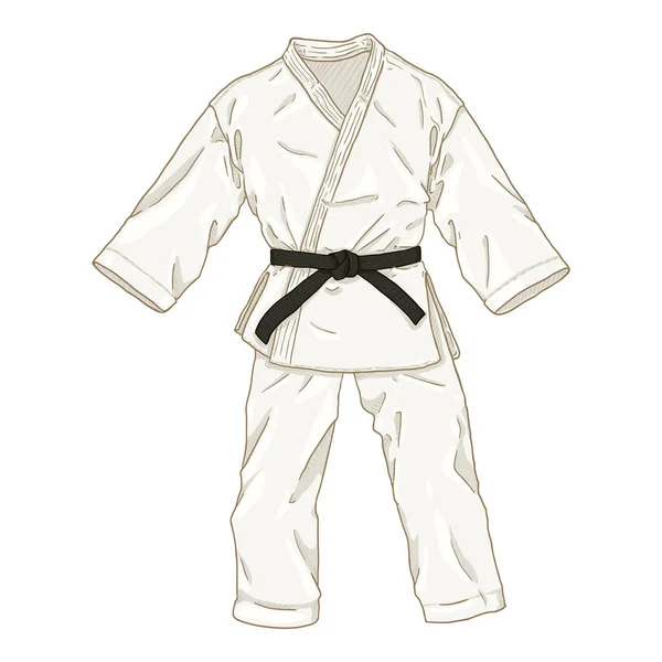 Kimono Karate Putih Dengan Sabuk Hitam Vector Cartoon Illustration - Stok Vektor