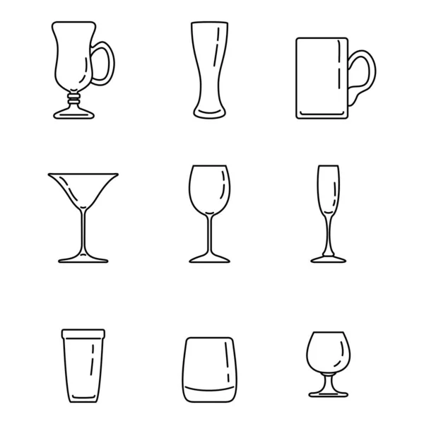 Conjunto Vectores Esquema Alcohol Iconos Cristal Para Beber — Archivo Imágenes Vectoriales