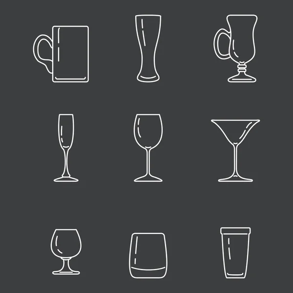 Vector Set White Outline Alcohol Drinking Glass Icons Dark Background — Stock Vector