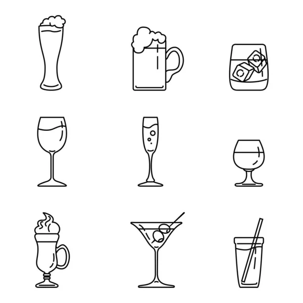 Vector Set Outline Alcohol Glasses Icons — Stock Vector
