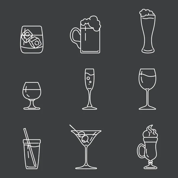 Vektor Set Weißer Umrisse Von Alkohol Symbolen Auf Dunklem Hintergrund — Stockvektor