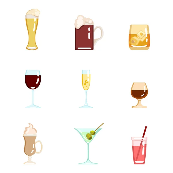 Vector Set Flat Color Alcohol Icons — Stock Vector