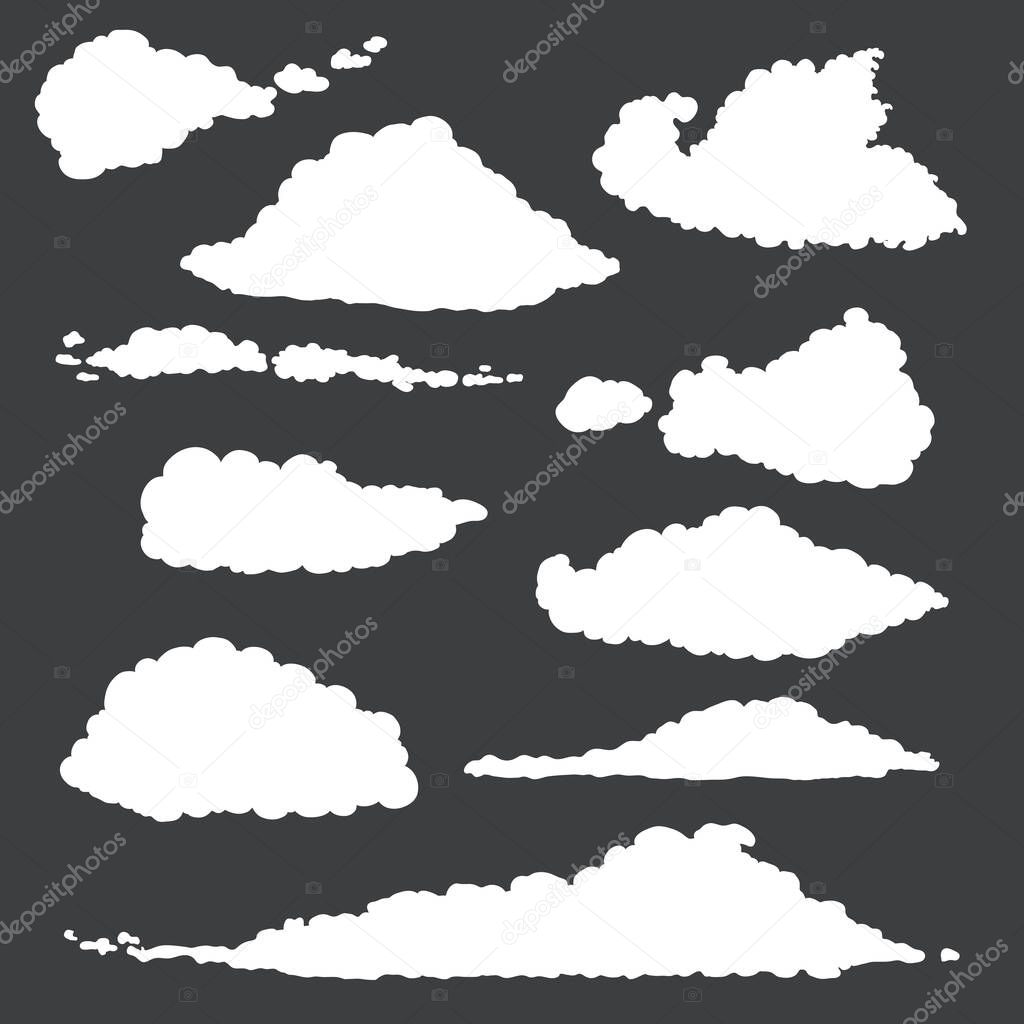 Vector Set of White Cloud Silhouettes on Black Background
