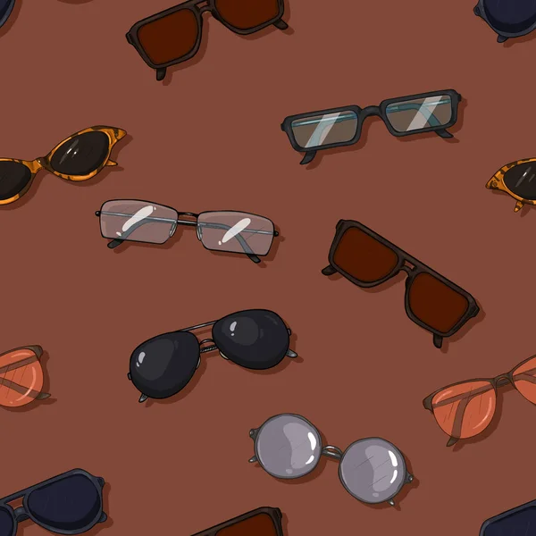 Patrón Sin Costura Vectorial Gafas Dibujos Animados Sobre Fondo Marrón — Vector de stock