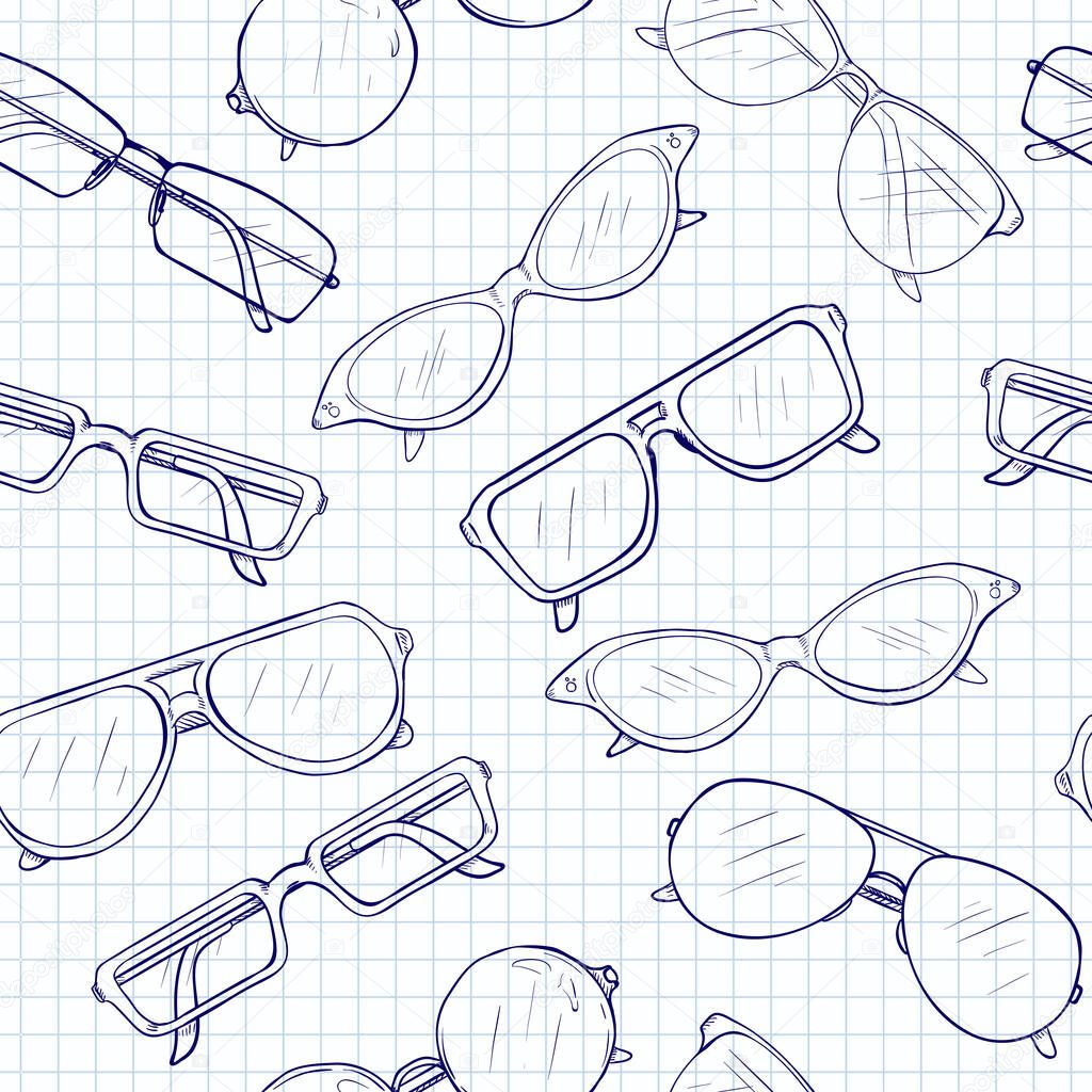 Vector Seamless Pattern of Sketch Eyeglasses on Checkered Paper Background
