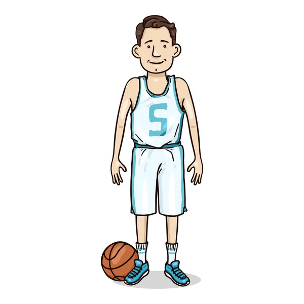 Vector Stripfiguur Jonge Man Witte Backetball Uniform — Stockvector