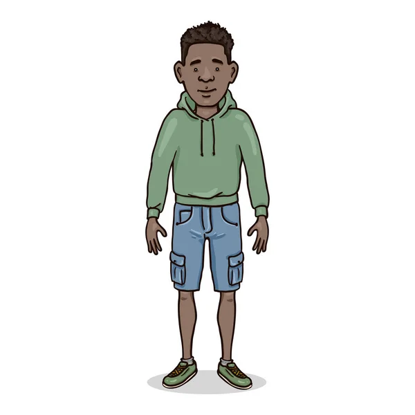 Vector Cartoon Character Afroamerican Man Casual Outfit Hoodie Denim Shorts — 스톡 벡터