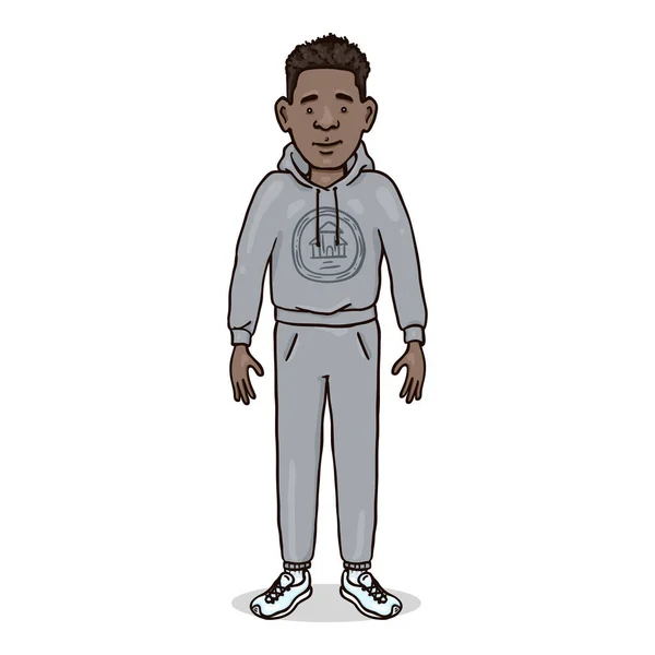 Vector Cartoon Character Afroamerican Man Grå Sport Kostym Och Löparskor — Stock vektor