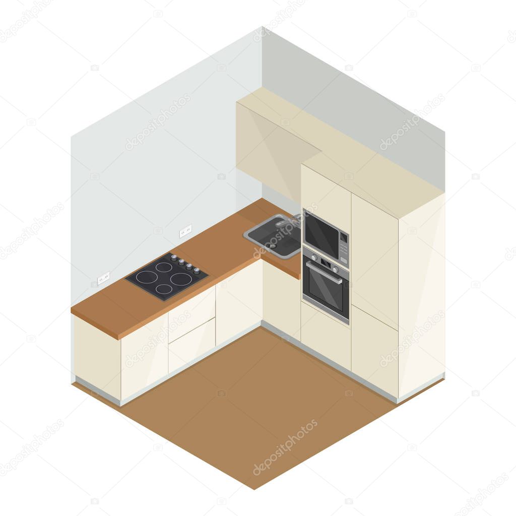 Vector Isometric Kitchen Furniture Illustration. White and Wood Minimalist Design.