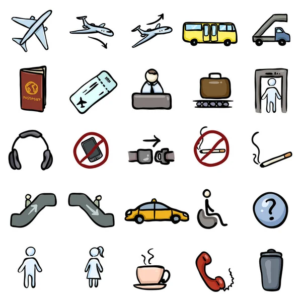 Vector Set Color Doodle Airport Icons — 스톡 벡터