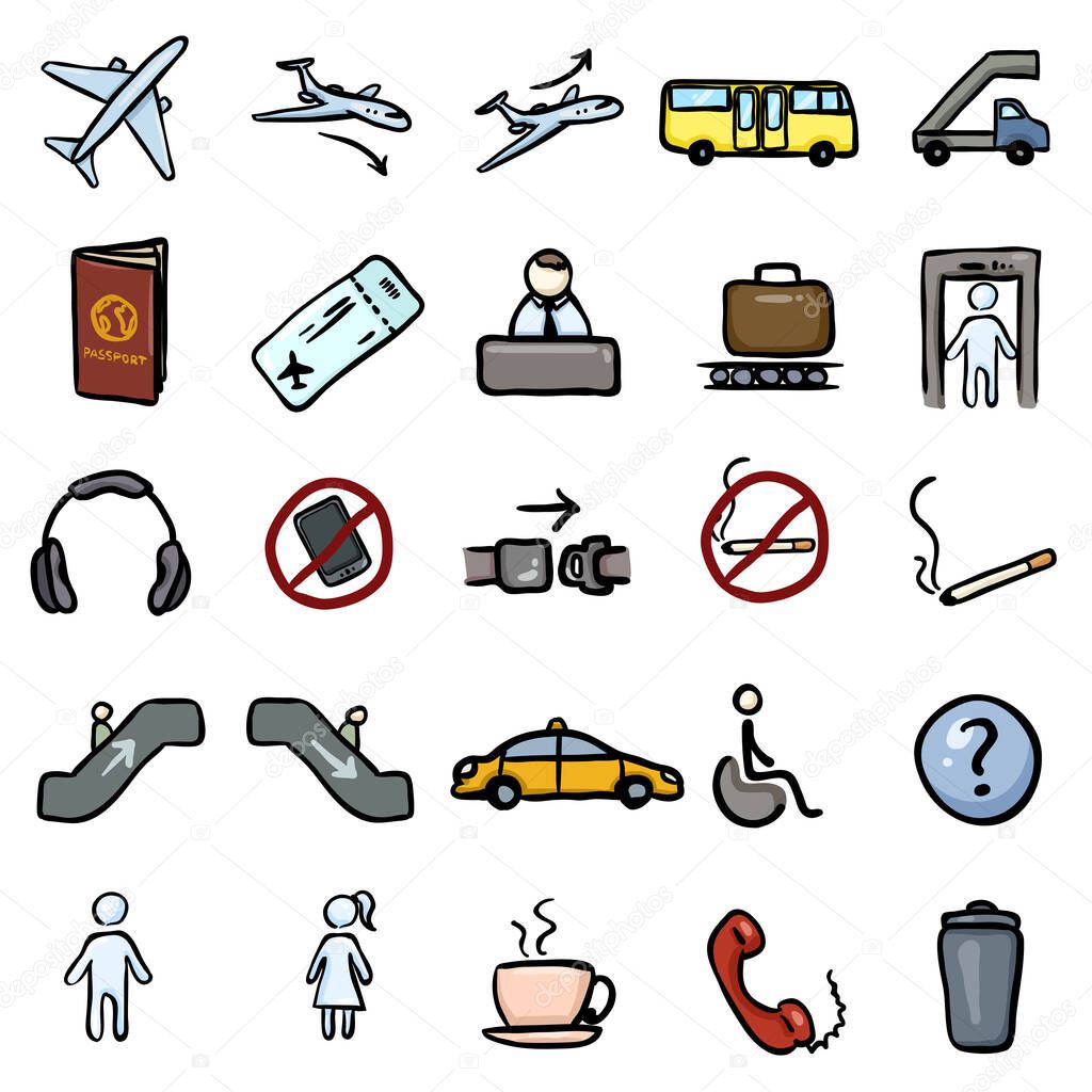 Vector Set of Color Doodle Airport Icons