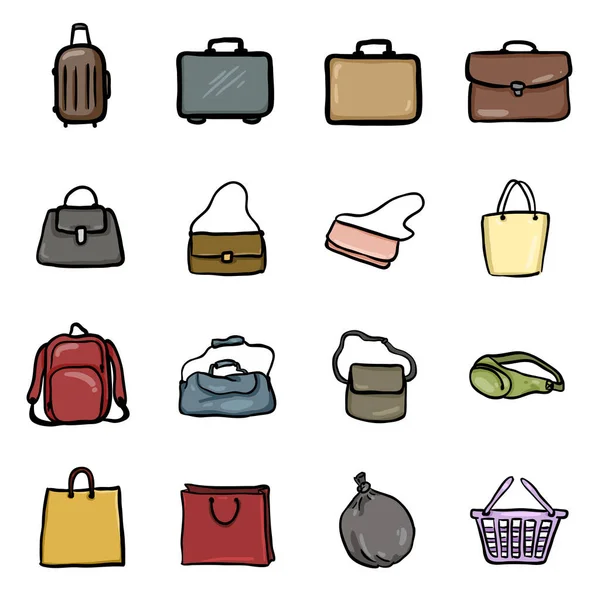 Vector Set Cartoon Doodle Bag Icons — 스톡 벡터