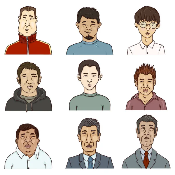 Conjunto Vetores Personagens Asiáticos Desenhos Animados Caras Homens — Vetor de Stock