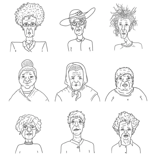 Векторний Набір Портретів Старих Жінок Пенсіонерів Обличчям — стоковий вектор