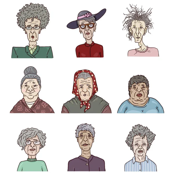 Vector Set Cartoon Old Women Portraits Retired People Faces — Stock Vector