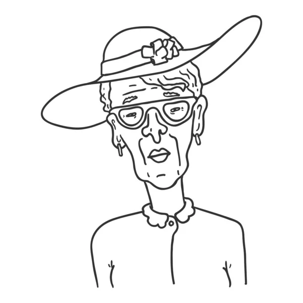 Vector Outline Character Alte Frau Mit Hut Rentnerin Porträt — Stockvektor