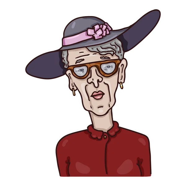 Vektör Çizgi Karakteri Şapkalı Yaşlı Kadın Emekli Kadın Portresi — Stok Vektör