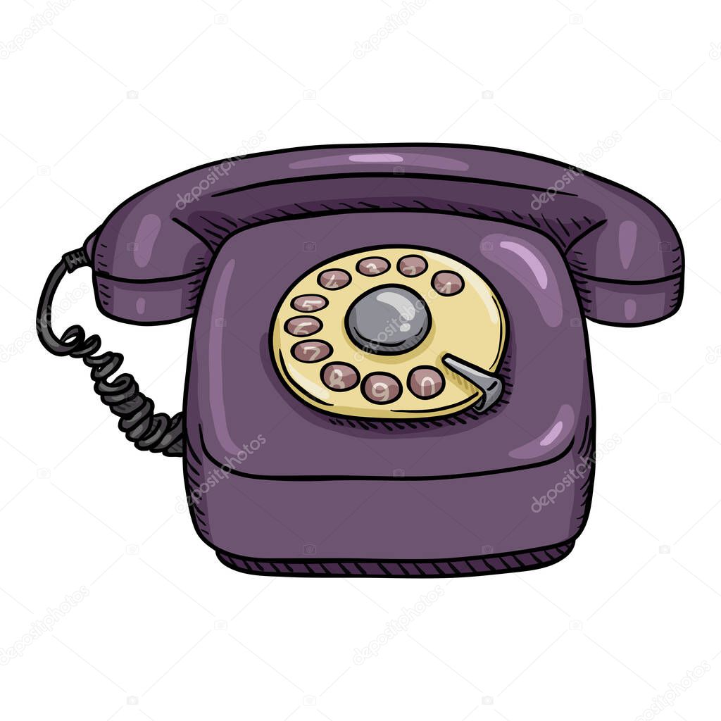 Vector Cartoon Retro Purple Rotary Telephone. Front View.