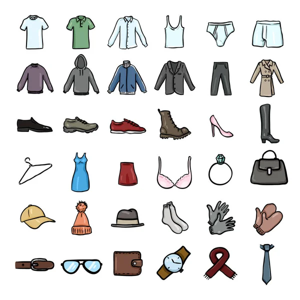 Vector Set Cartoon Doodle Clothes Icons — Stock Vector