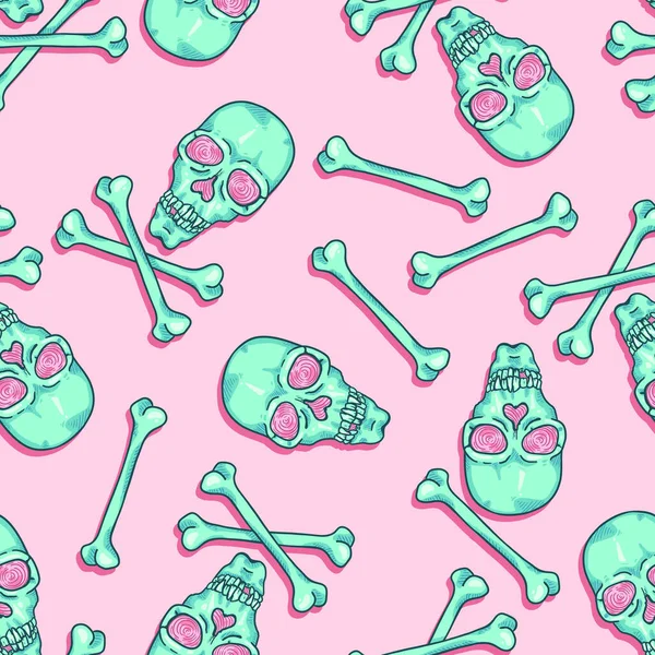 ピンクの背景にターコイズの頭蓋骨のベクトルシームレス漫画パターン — ストックベクタ