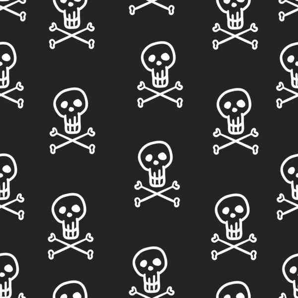 Vector Seamless Pattern White Doodle Skulls Black Background — Stock Vector